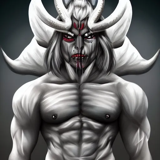 Image similar to muscular demon with white horns, white face, young, careless, focus on face, still, photograph, digital painting, trending on artstation, masterpiece, in the style of JB Casacop