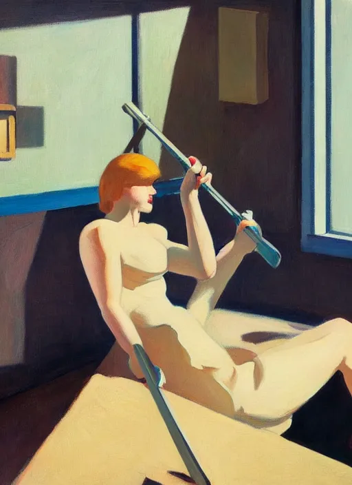 Prompt: woman with hammers instead of hands walking upsidedown by Edward Hopper and James Gilleard, highly detailed