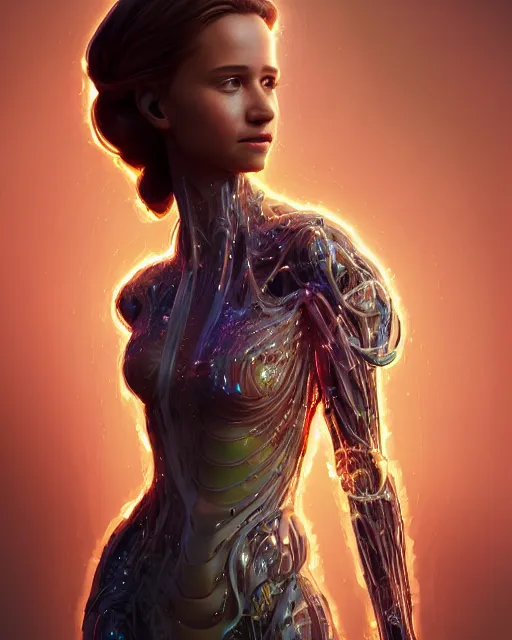 Prompt: weta disney pixar movie still full body portrait photo of alicia vikander singing with glowing translucent skin and as a sad intricate detailed mechanical translucent plastic cyborg girl glowing from within by pixar, by weta, wlop, ilya kuvshinov, rossdraws, artgerm, latex, iridescent, bright morning, anime, liosh, mucha