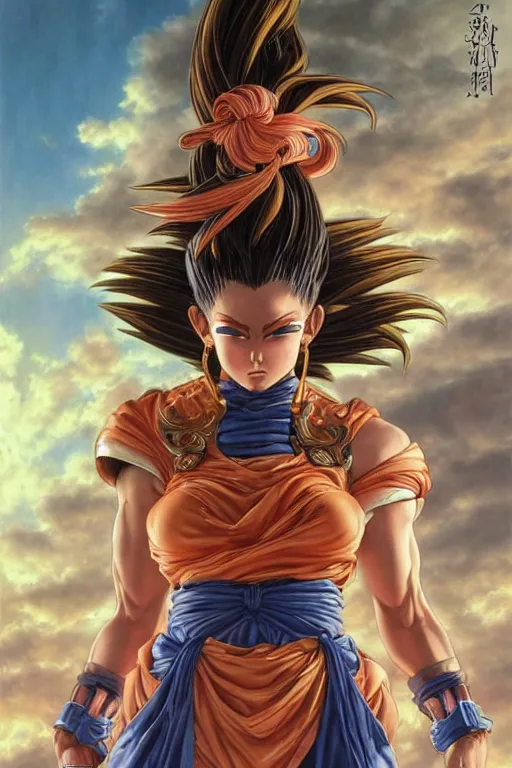 Prompt: beautiful female saiyan with a ponytail, exquisite detail, hyper realism, ornate, voluptuous, exquisite detail, masterpiece, voluptuous, cute face, 4k, art by Donato Giancola and Bayard Wu and WLOP and Artgerm