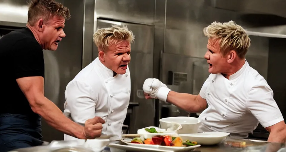 Image similar to photo of angry furious Gordon Ramsay punching Gordon Ramsay at the kitchen