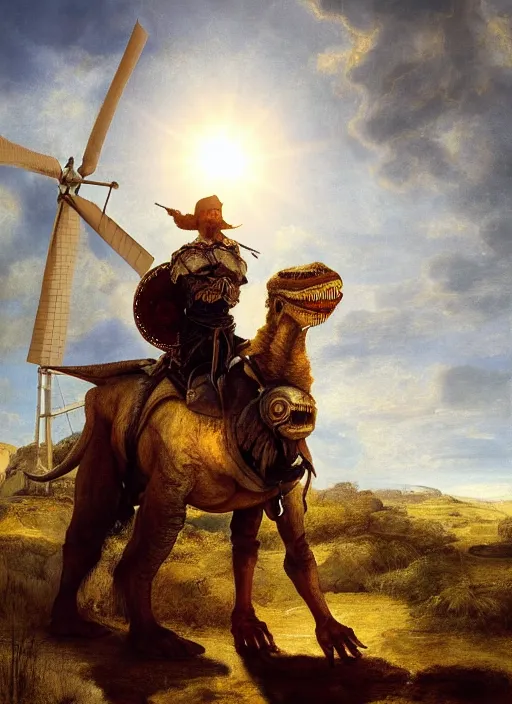 Prompt: portrait of don quixote sitting on a t - rex, windmill, summer, sun in the zenith, digital art, highly detailed, stunning scene, realism, bright colors, trending on artstation, masterpiece, by rembrandt and carel fabritius