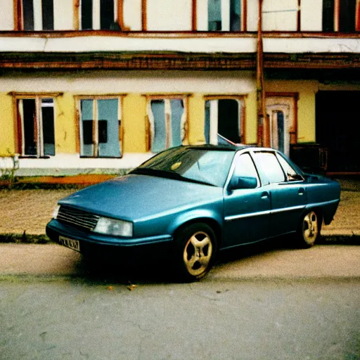 Image similar to low angle shot of russian car in soviet yard with block of flats, cinestill 800t , 80mm ,polaroid, masterpiece, f 1.6, bokeh, mid day in style of william egglestone