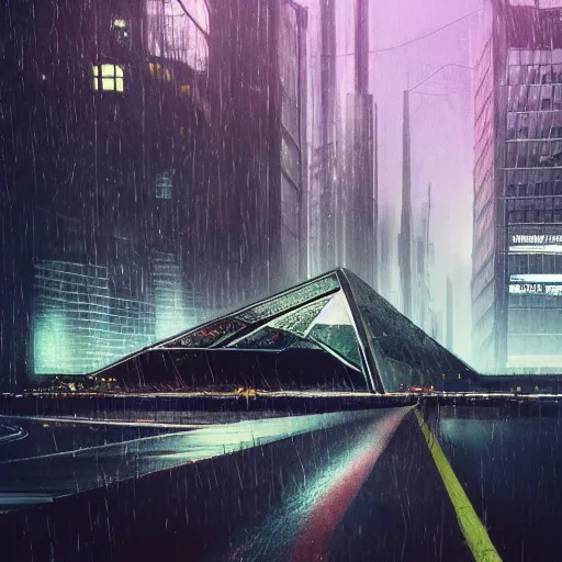 Image similar to gigantic chrome pyramid in the distance, brutalist, blade runner, sci fi, stunning detail, cityscape, cyberpunk, wet street, 8k, cinematic lighting, ultra realistic, colorful, neon, octane rendered,