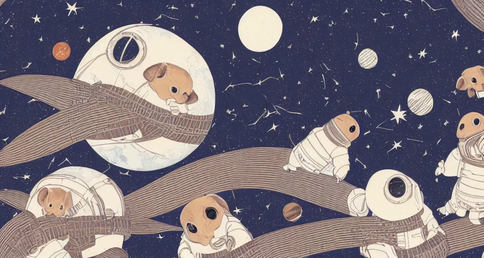 Prompt: back view of many baby guineapigs on the cover of vogue magazine flying in space suits, deep dark universe, twinkling and spiral nubela, warmhole, beautiful stars, 4 k, 8 k, by hokusai, samurai man vagabond, detailed, editorial illustration, matte print, concept art, ink style, sketch, digital 2 d