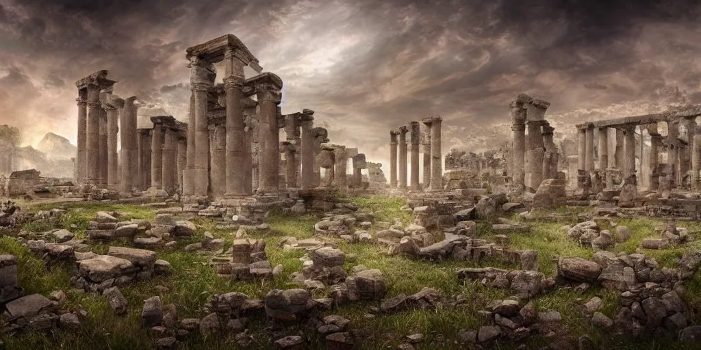Prompt: ancient ruins inside the earth, fantasy apocalypse, dystopian, digital art, 4 k