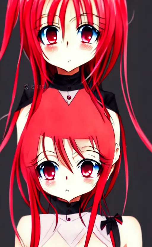 Image similar to anime girl with a detailed face and black hair in a red outfit, full body, bottom half of photo, trending, illustration