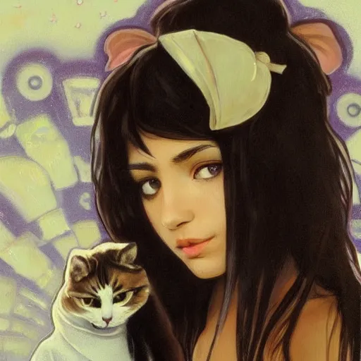 Image similar to cute emo mexican girl and her cat, with long dark hair, thick eyebrows!!! deep dark big shiny eyes and dark circles!, wide nose!!!, oval face shape, big cheeks! by juan villafuerte, greg rutkowski and alphonse mucha, pexels contest winner, high quality photo, rtx, hd