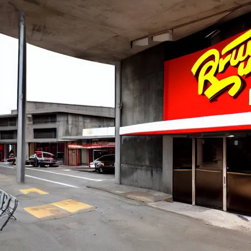 Prompt: brutalist architecture, fast food joint