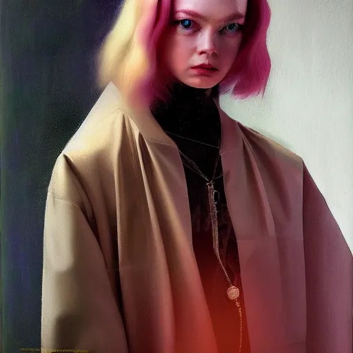 Image similar to a striking hyper real painting of cyberpunk Elle Fanning by Johannes Vermeer