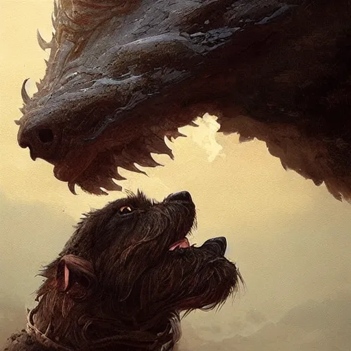 Prompt: the side view of a dog, a little terrier, touching his nose to the nose of a huge dragon, beautiful fantasy painting by greg rutkowski