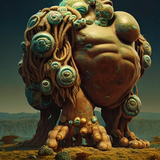 Image similar to ancient giant god being made of opal in desolate and lush landscape, moody, :: by James Jean, Jeff Koons, Dan McPharlin Daniel Merrian :: ornate, dynamic, particulate, rich colors, intricate, elegant, highly detailed, centered, artstation, smooth, sharp focus, octane render, 3d