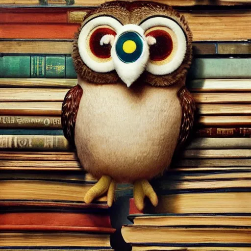 Image similar to long shot of a very cute plushy owl with eyelids half closed sitting on a pile of antique books, by esao andrews, by pixar, humorous illustration, hyperrealistic, big depth of field, fresh colors, dim light, 3 d octane render conceptart, 4 k, hyperdetailed, trending on artstation