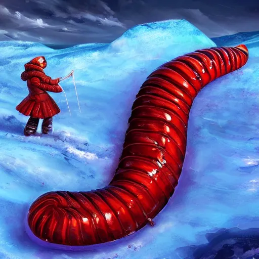 Prompt: giant jello worm in a icy desert, ice, snow, cold, by the tony sart, artstation