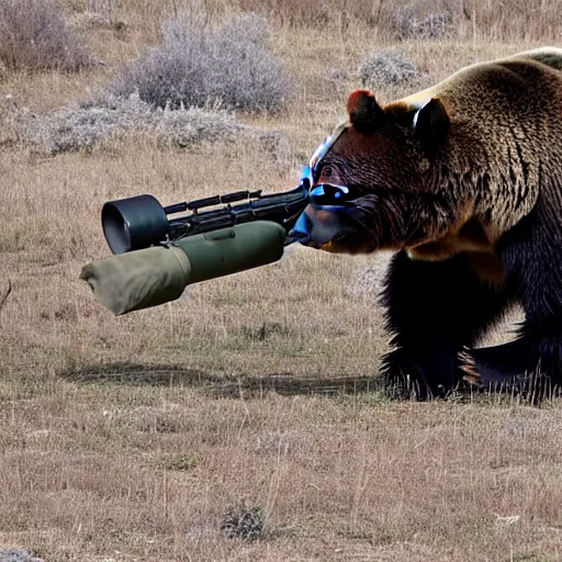 Prompt: grizzly bear holding a mounted minigun
