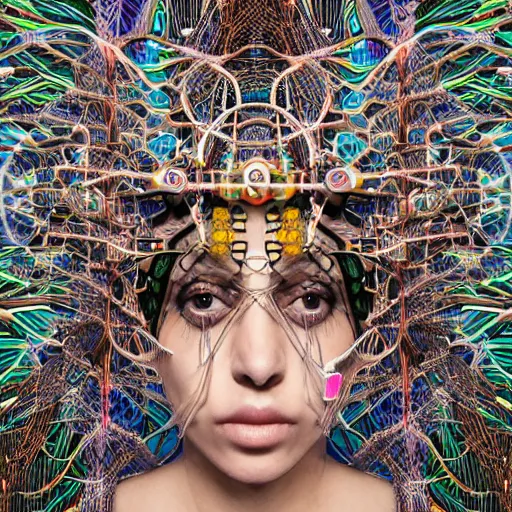 Image similar to swimming deeper into the multiverse, maze of modular synth cables mixed with mangrove roots, kawaii puerto rican goddess chilling out wearing a headpiece made of circuit boards designed by isabel marant, by cameron gray, wlop, stanley kubrick, masamune, hideki anno, jamie hewlett, unique perspective, trending on artstation, 3 d render, vivid