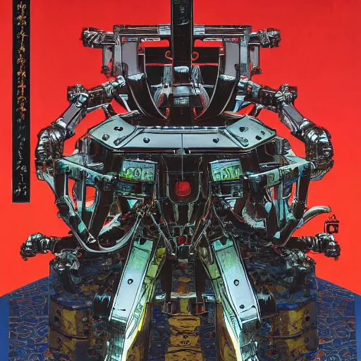 Image similar to a fullmetal wired neon robot crosses the tori gates between reality and simulation, hanafuda oil on canvas by ivan shishkin, james jean and yoji shinkawa