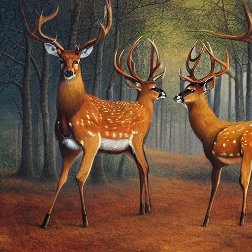 Image similar to a painting of deer in tiger skin and normal deer facing each other, their heads bowed towards ground by esao andrews