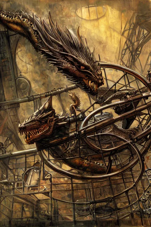 Image similar to hyper realistic old dying dragon lying down on a steam punk apparatus, art by jon foster