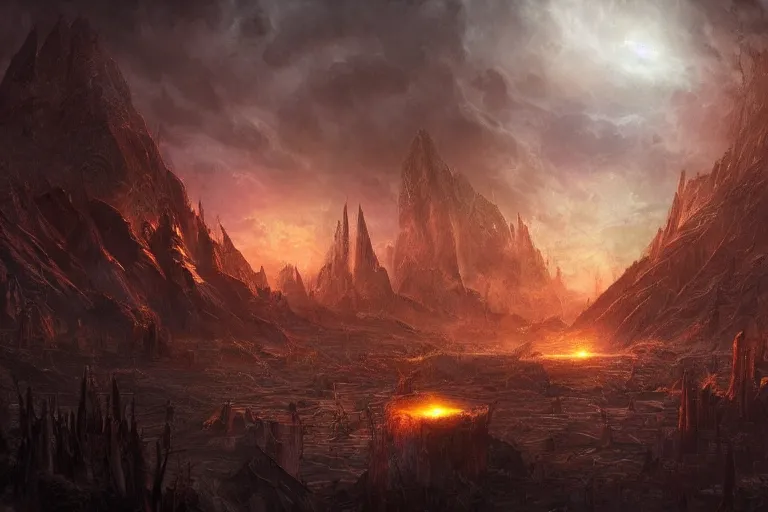 Image similar to Aztec primordial chaos fantasy landscape with sinister glows by Jessica Rossier and HR Giger