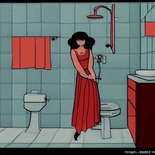 Prompt: short blue haired woman, tile bathroom, animation style of american pop ( 1 9 8 1 ), rotoscoping, anastasia