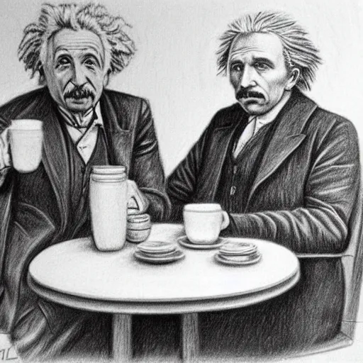 Image similar to Einstein and Tesla sitting at cafe, pencil drawing, ultra detailed