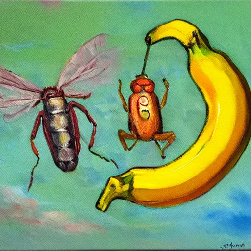 Prompt: oil painting impressionist stopwatch and banana flying through the air, ( bugs buzzing around ), whimsical, detailed,