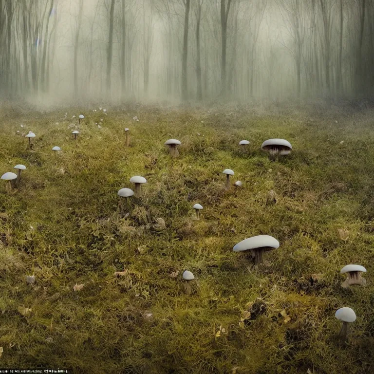 Image similar to a planet of various fungus, mushrooms and plants, inside the picture is infinity, Atmospheric phenomenon, artistic photography, muted colors, conceptual, long exposure outside the city, volumetric light