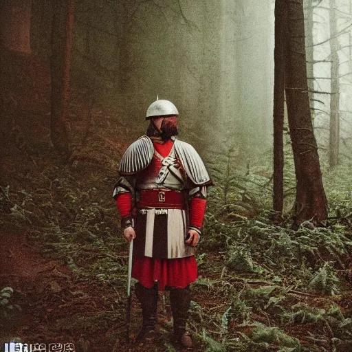 Image similar to close up kodak portra 4 0 0 photograph of a roman legimeer after the battle standing in dark forest, moody lighting, telephoto, 9 0 s vibe, blurry background, vaporwave colors, faded