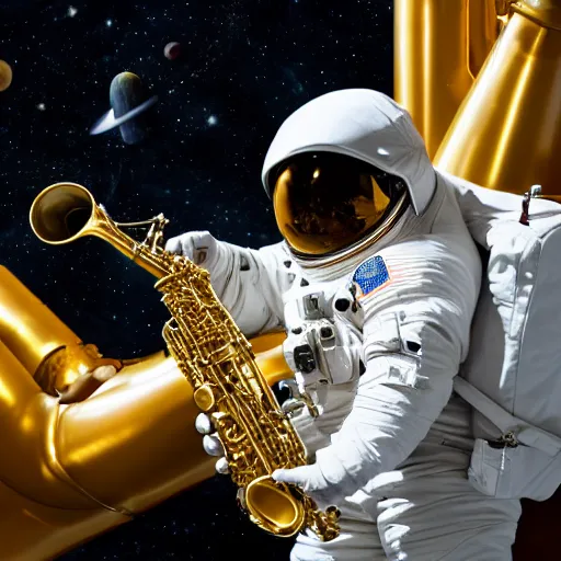 Image similar to astronaut doing jazz saxophone improvisation, 4k photography, space