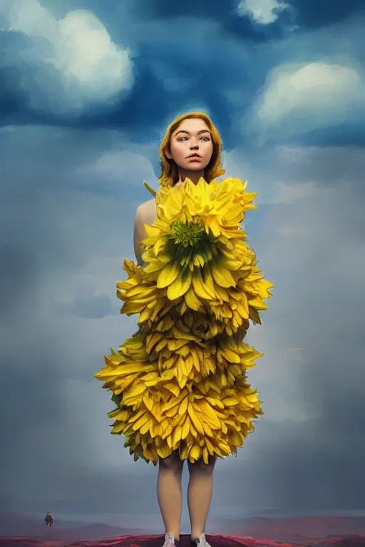 Prompt: closeup girl with huge yellow dahlia flower face, intricate, standing on mountain, surreal photography, blue storm clouds, dramatic light, impressionist painting, digital painting, artstation, simon stalenhag