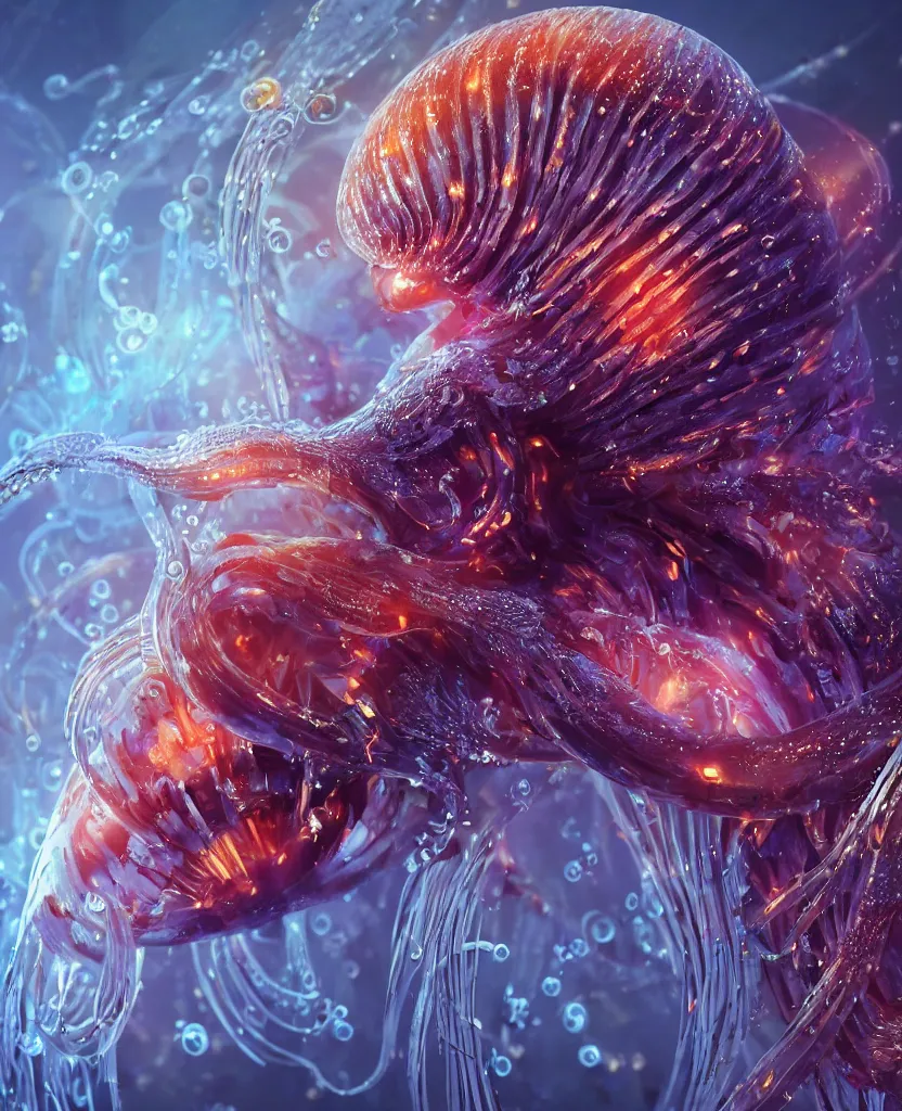 Image similar to close-up macro portrait of the face of a beautiful princess, epic angle and pose, symmetrical artwork, 3d with depth of field, blurred background, cybernetic jellyfish phoenix bird, translucent, nautilus, energy flows of water and fire. a highly detailed epic cinematic concept art CG render. made in Maya, Blender and Photoshop, octane render, excellent composition, cinematic dystopian brutalist atmosphere, dynamic dramatic cinematic lighting, aesthetic, very inspirational, arthouse. y Greg Rutkowski, Ilya Kuvshinov, WLOP, Stanley Artgerm Lau, Ruan Jia and Fenghua Zhong