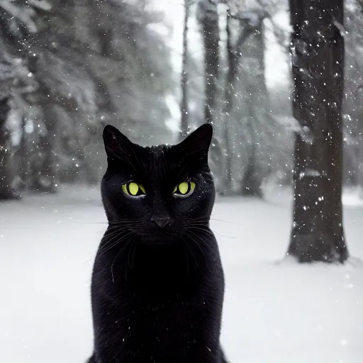 Prompt: Award winning photo of a black cat in a snowy forest at afternoon, lens flare, bokeh, telephoto