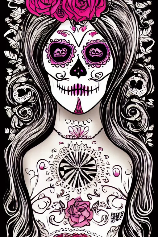 Prompt: illustration of a sugar skull day of the dead girl, art by larry carroll