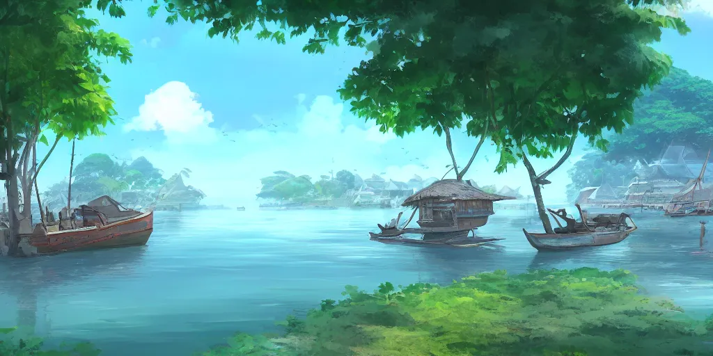 Image similar to pulau indah village, boat in foreground, early morning, detailed matte painting, low angle view, telephoto lens, bokeh, studio ghibli, artstation