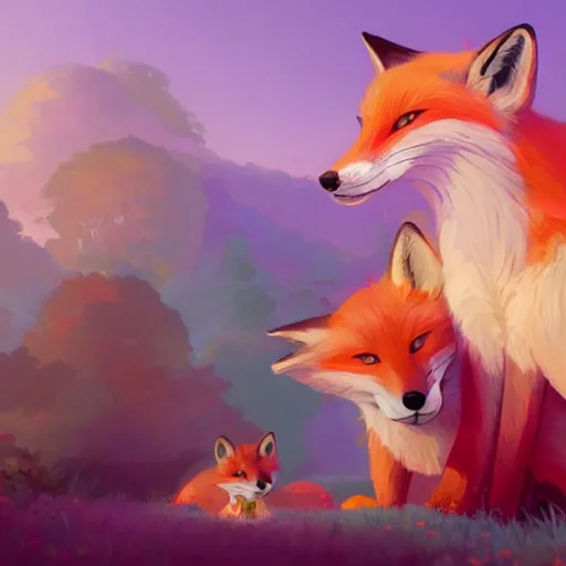 Image similar to painted portrait of a family of foxes, fantastically pastel colors, octane render, matte painting concept art, official fanart behance hd artstation by jesper elsing, by rhads and makoto shinkai and lois van baarle and ilya kuvshinov and rossdraws