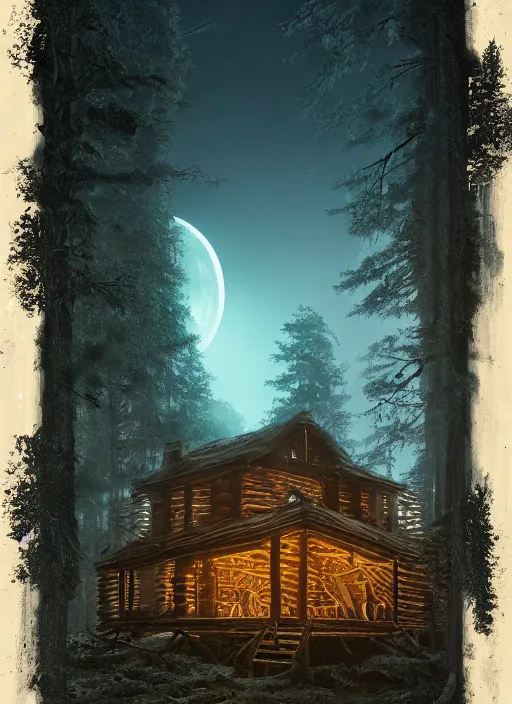 Image similar to an abandoned log house in an ancient bioluminescent forest, waxing moon, greg rutkowski, 8 k, shallow depth of field, intricate detail, concept art,