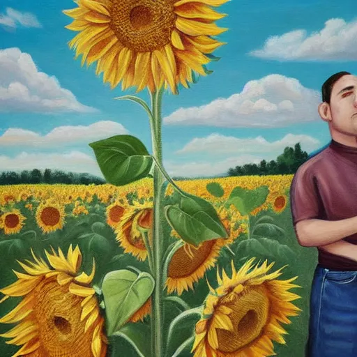 Prompt: a painting of a man standing in a field of sunflowers, an album cover by mac conner, trending on deviantart, harlem renaissance, official art, masterpiece, art