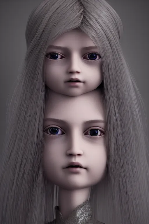 Image similar to beautiful ball jointed doll head, long shiny hair, intricate detailed, sharp focus, octane render, high quality, Symmetrical composition, 8k, volumetric lighting, on black background