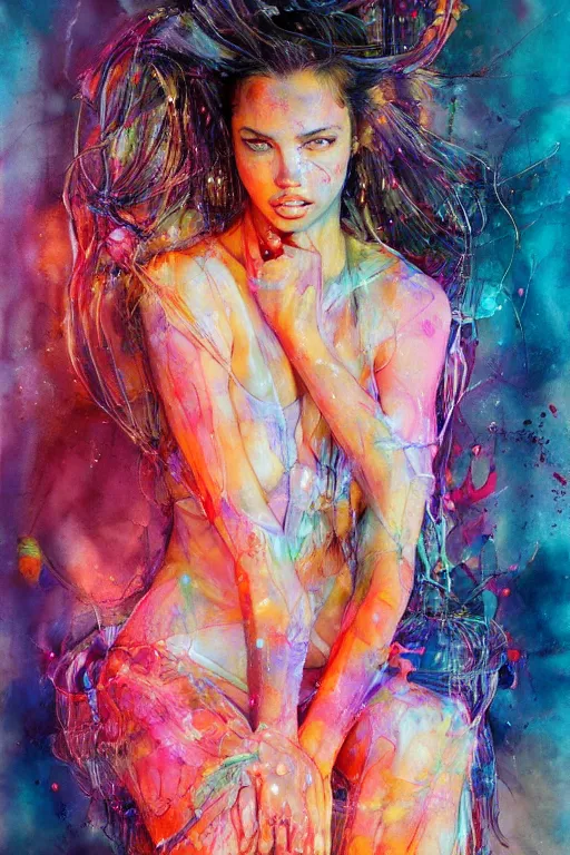 Image similar to adriana lima by agnes cecile enki bilal moebius, intricated details, sitting on a stool, full body portrait, extremely luminous bright design, pastel colours, drips, autumn lights