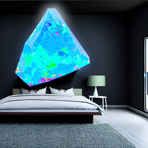 Image similar to a giant gemstone mineral in a dark blank room with Opal gemstone, professional digital matte painting.