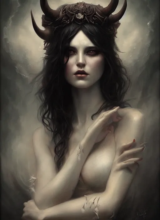 Image similar to a hauntingly beautiful woman with horns, painted by artgerm and tom bagshaw, fantasy art, dramatic lighting, highly detailed oil painting