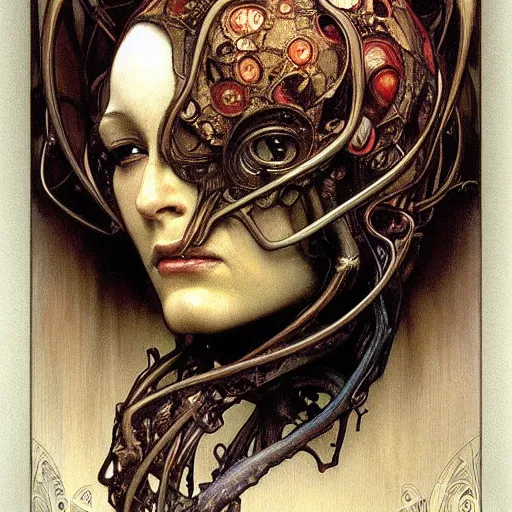 Prompt: realistic detailed face portrait of an angry insectoid alien by Alphonse Mucha, Amano, Charlie Bowater, Karol Bak, Greg Hildebrandt, Jean Delville, and Mark Brooks, Art Nouveau, Neo-Gothic, gothic, dark ominous lighting