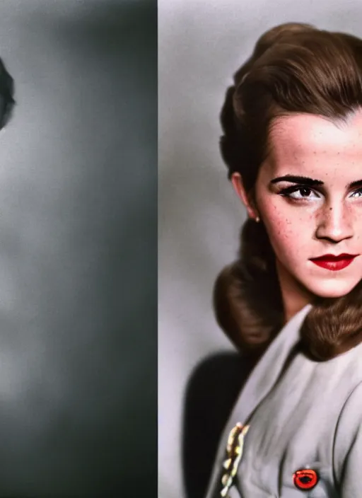 Image similar to Retro color photography 1940s portrait Hollywood headshot of Emma Watson Cinestill 800T, 1/2 pro mist filter, and 65mm 1.5x anamorphic lens