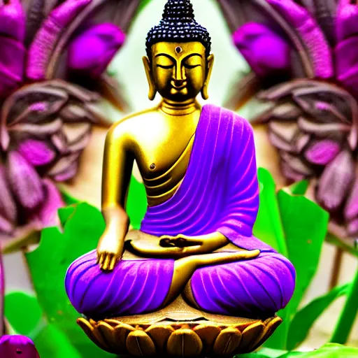 Prompt: The Buddha sitting on a purple Lotus Flower + Buddhist Art + Depth of Field + 4k resolution