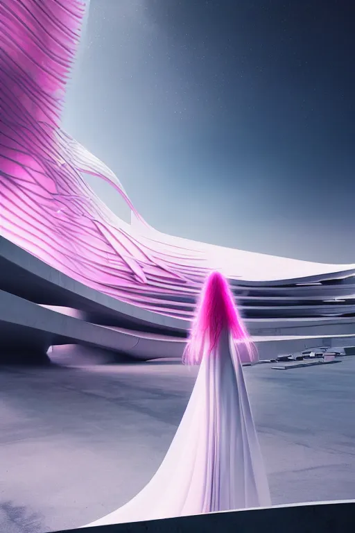 Image similar to a futuristic scene with an long pink haired beautiful thin woman in a white flowing futuristic dress, in front of a zaha hadid building, cinematic matte painting, extreme detail photo quality, dark moody colors, featured on behance