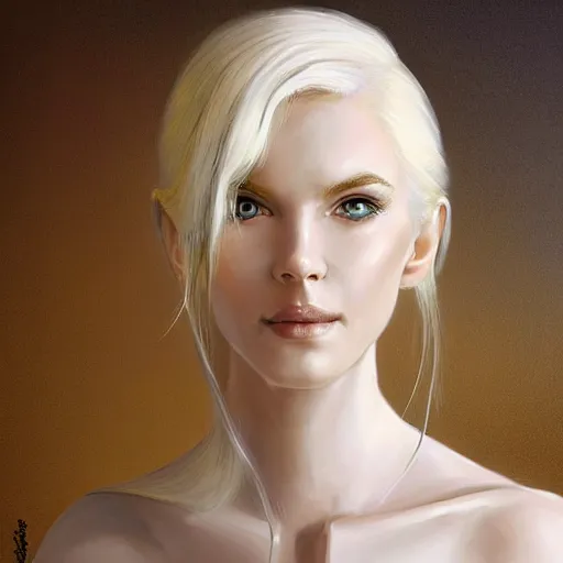 Prompt: Portrait of a tall, blonde, blue-eyed elf woman, with pale white hair, wearing stylish white and gold robes, warm and gentle smile, intricate, elegant, highly detailed, digital painting, smooth, sharp focus, bust view, visible face, artstation, graphic novel, art by stanley artgerm and greg rutkowski and peter mohrbacher,