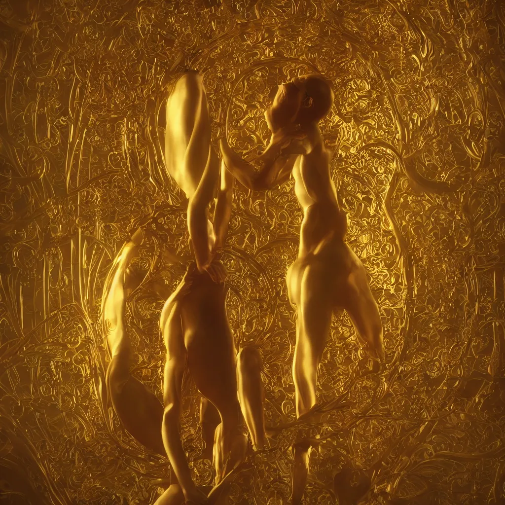 Image similar to human body shining thin golden Art Nouveau curs from inside, cinematic realistic photo, octane render