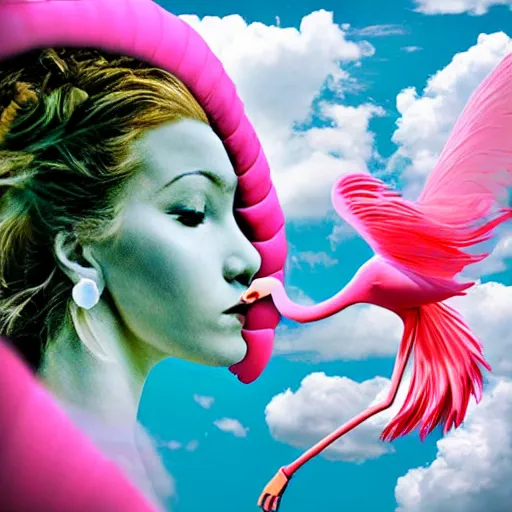 Prompt: goddess wearing a flamingo fashion in the clouds, photoshop, colossal, creative, giant, digital art, photo manipulation, clouds, sky view from the airplane window