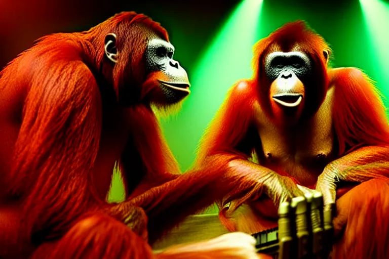 Image similar to vfx film, singing orangutan rockstar onstage band concert, flat color profile low - key lighting award winning photography arri alexa cinematography, big crowd, hyper real photorealistic cinematic beautiful, atmospheric cool colorgrade